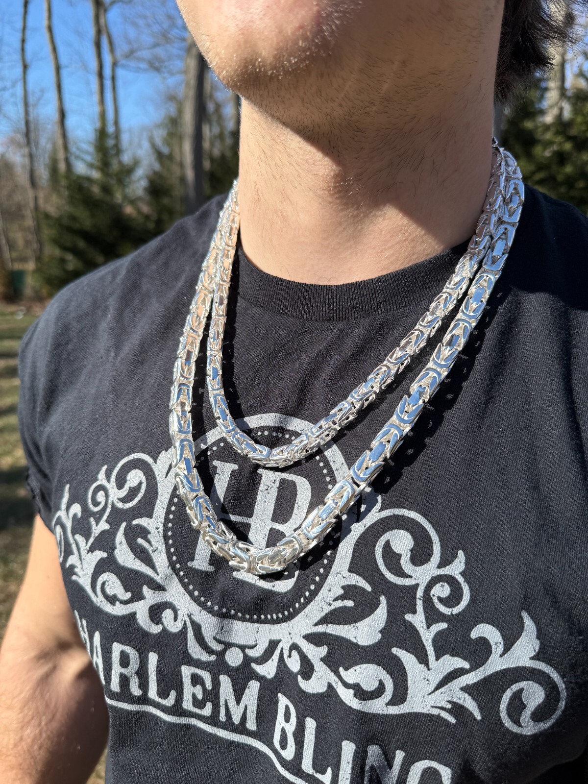 Real Solid 925 Silver Handmade Byzantine Chain Mens Necklace 5mm-10mm Box Clasp
