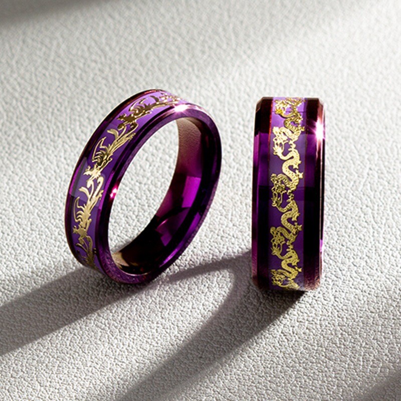 6MM&8MM Men Women Purple Red Stainless Steel Dragon Band Ring Couple Ring
