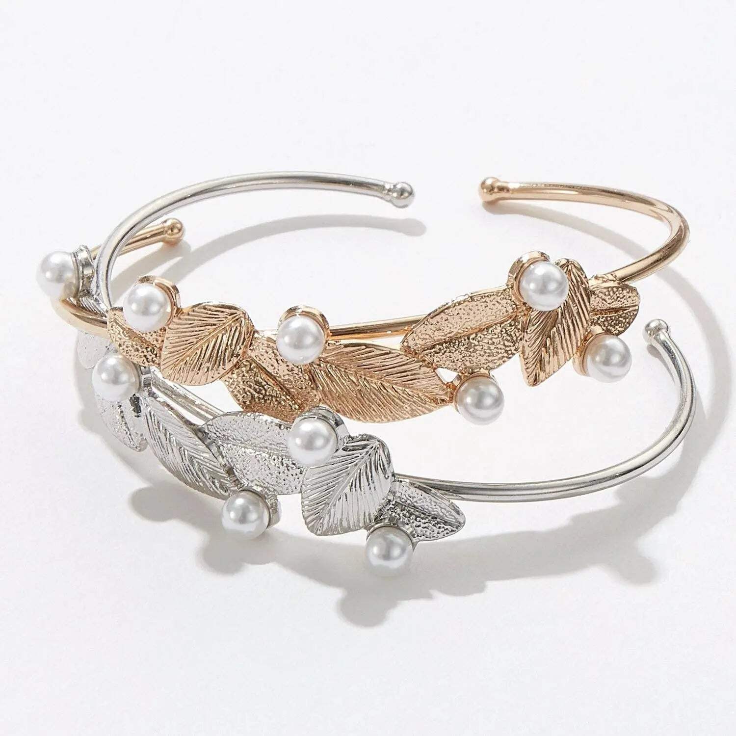 Everyday Wear Leaf Shape Metal Cuff Bracelet With Pearl