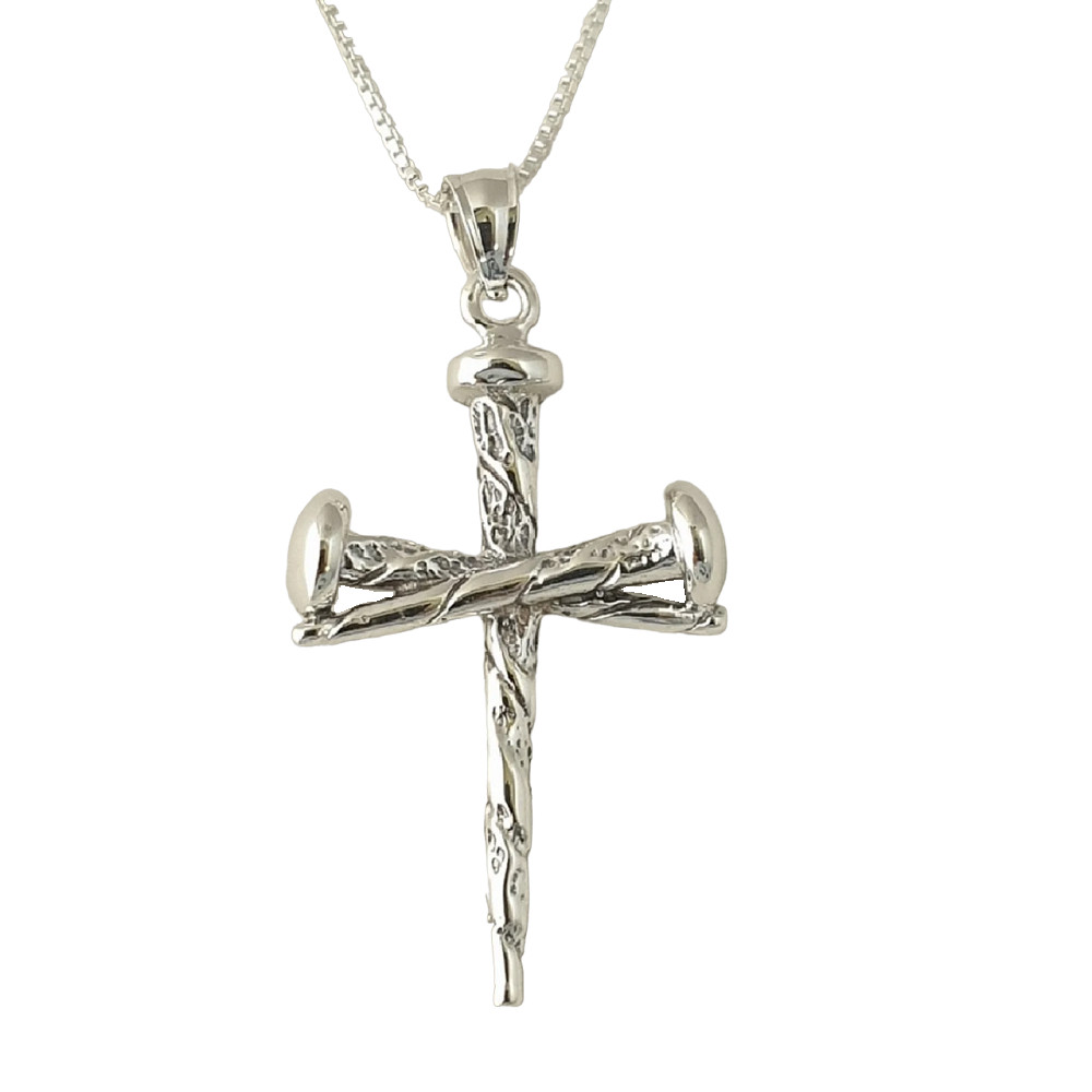 Sterling Silver Nail Cross Crucifixion of Jesus 3D Solid Pendant, Box Chain