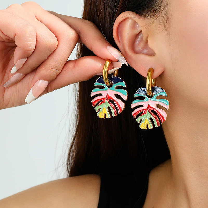 Colorful Big Leaf Pendant Gold Color Stainless Steel Earrings For Women