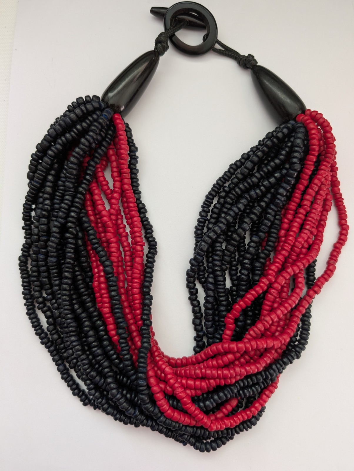 Chunky red black dyed wood multi strand none metal statement toggle necklace