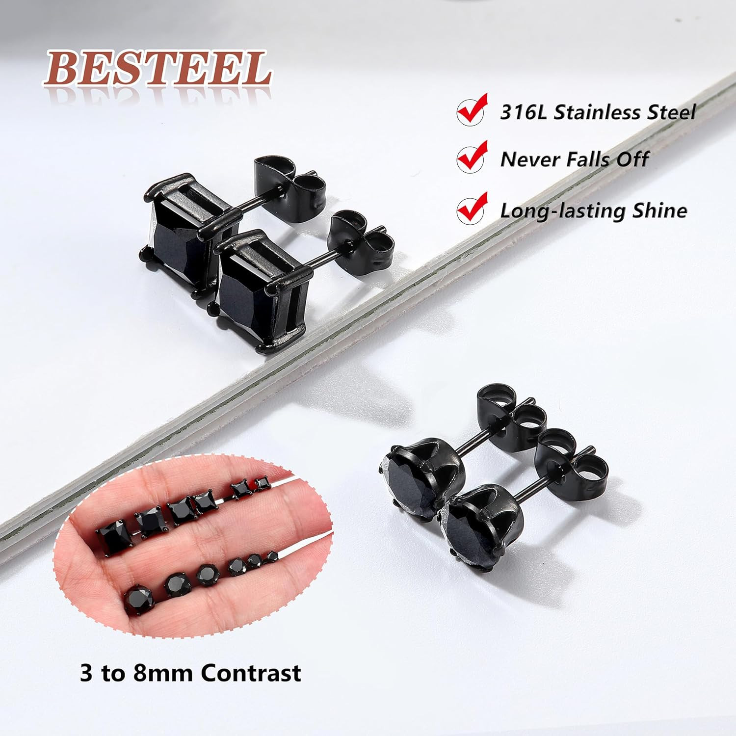 2Pairs Hypoallergenic Black Stud Earrings for Men Women 316L Stainless Steel Squ