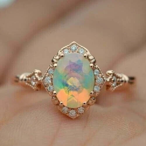 Oval Cut Lab created Fire Opal Women’s Pretty Wedding Ring 14K Rose Gold Plated