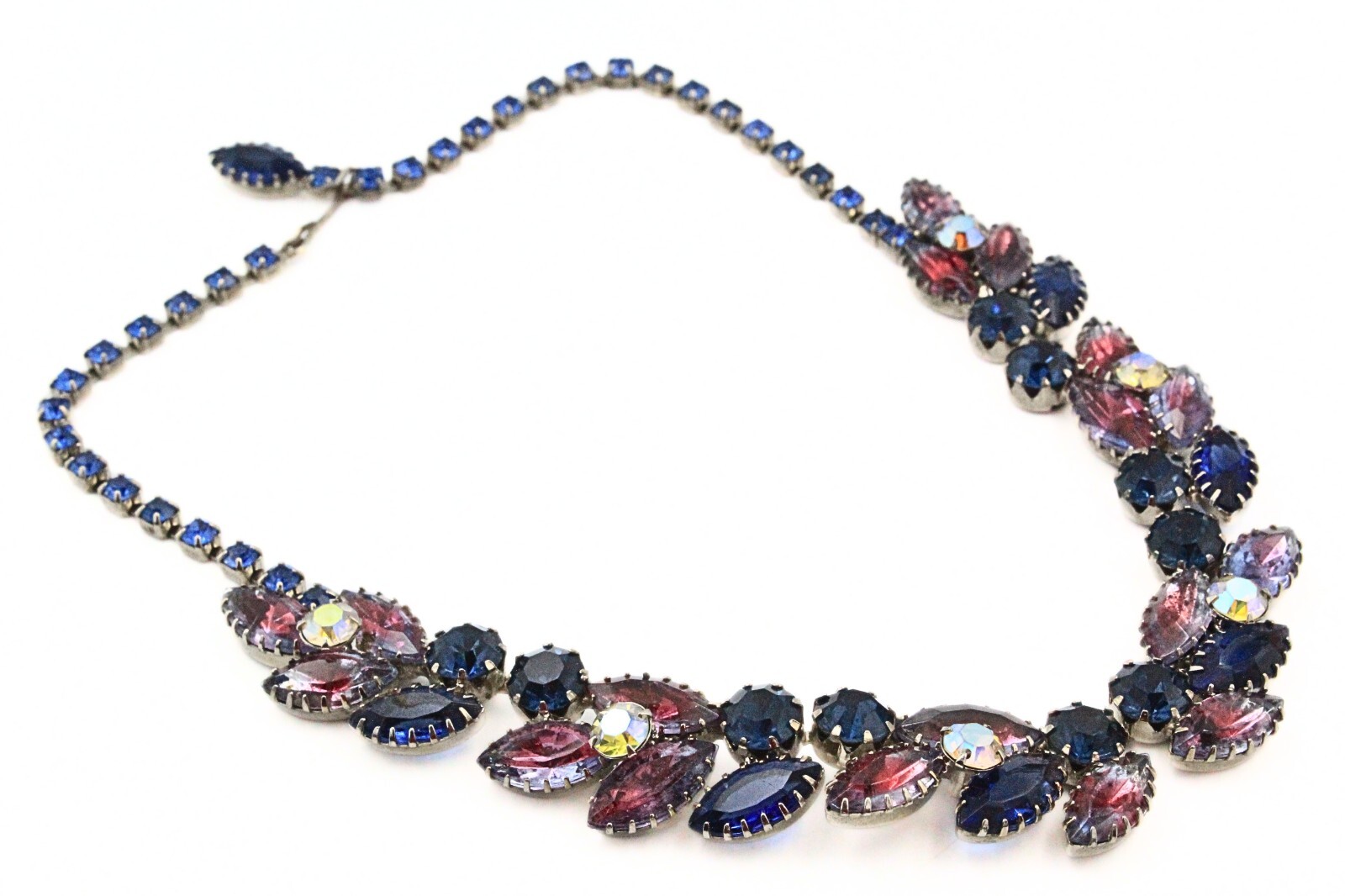 Stunning High End Blue Pink Foil Backed Rhinestones Silver Tone Necklace