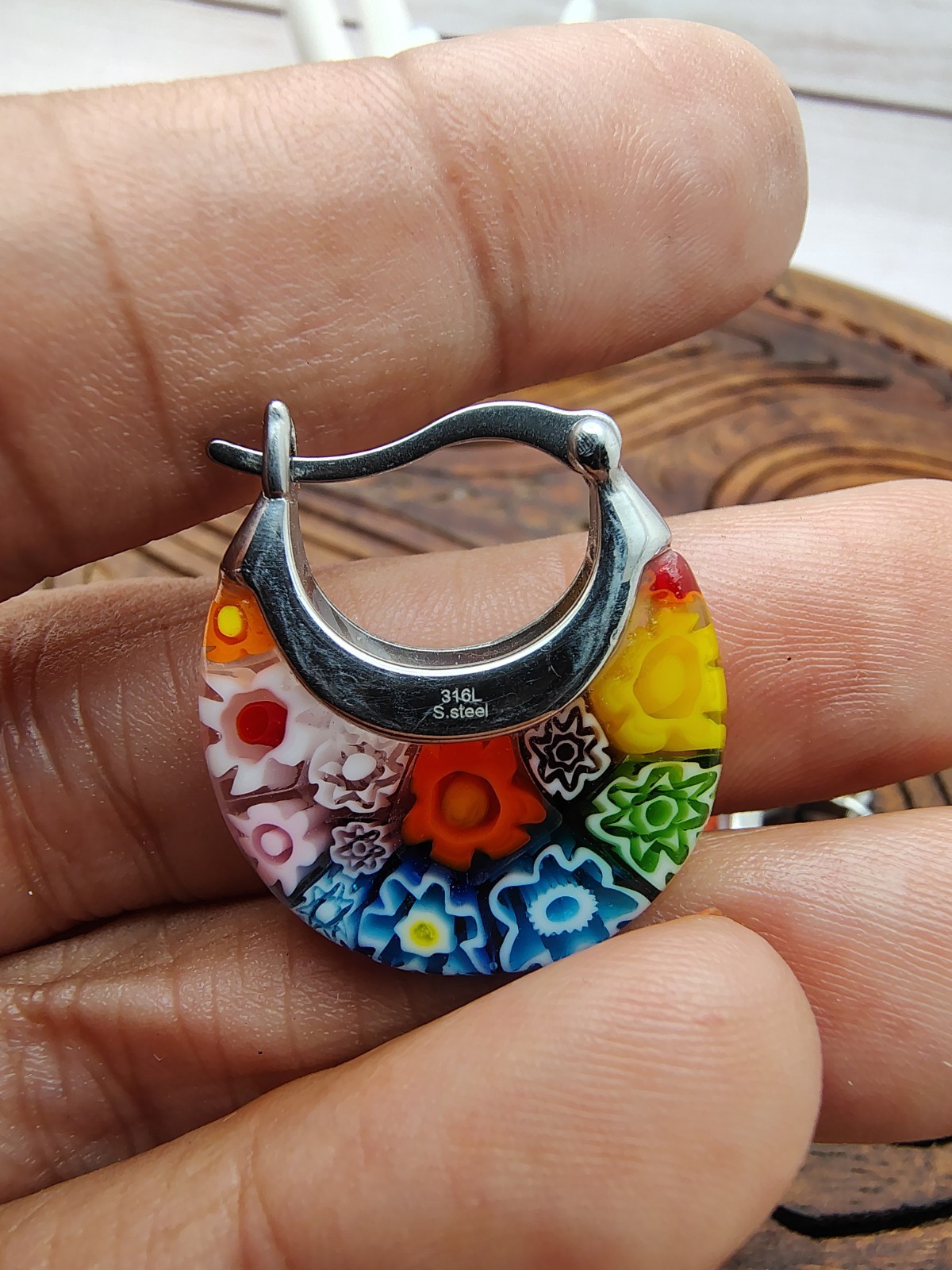 Millefiori Glass And Stainless Steel earrings. 1″