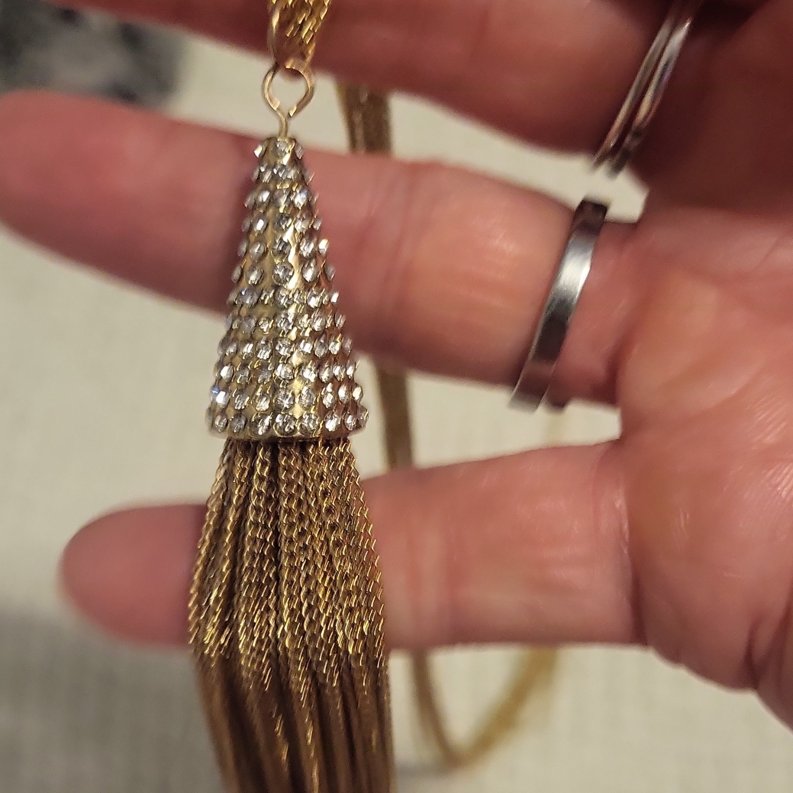 Gold Tone Chain Necklace Clear Crystal Pavé Cone Tassel Pendant Adjustable