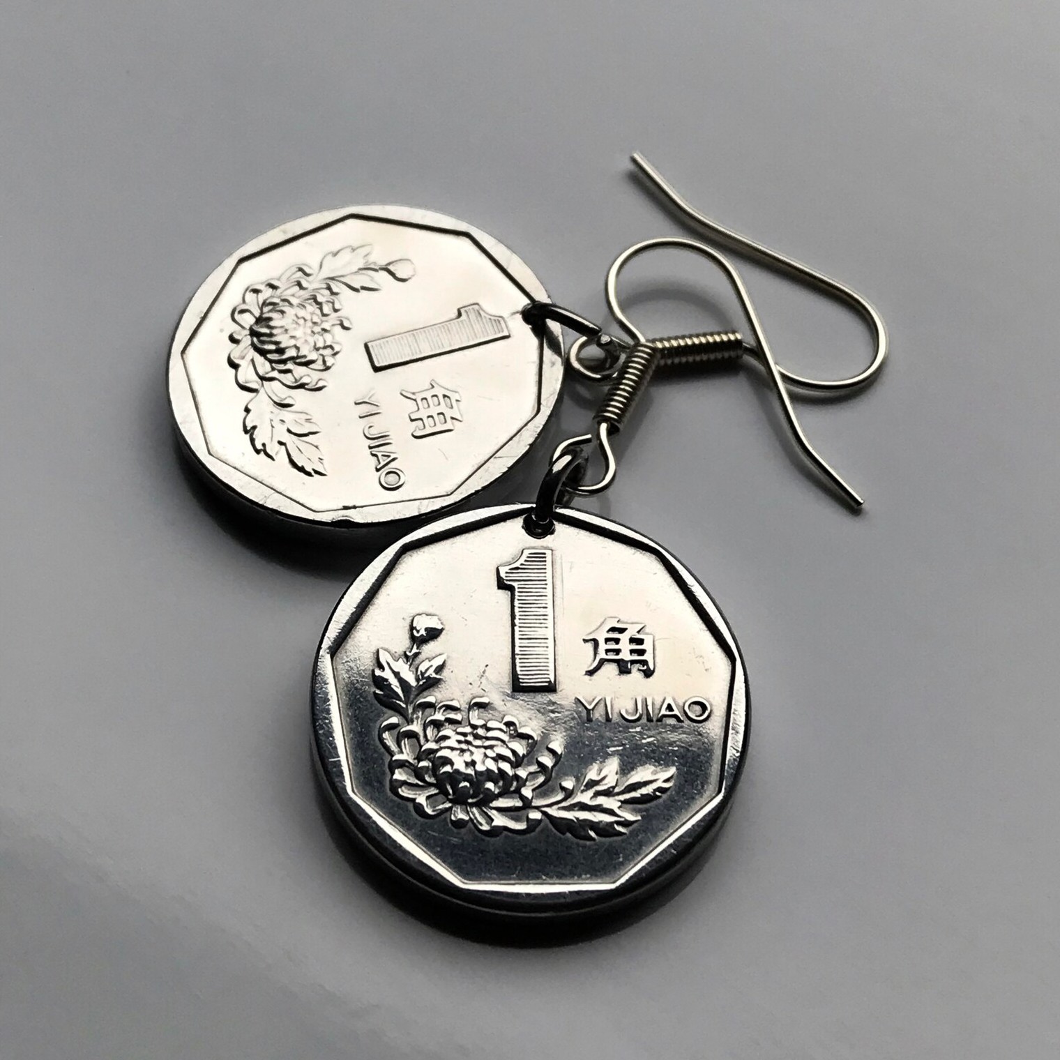 1992 China 1 Jiao coin earrings Peony blossom Tiananmen Beijing Guangdong 000349