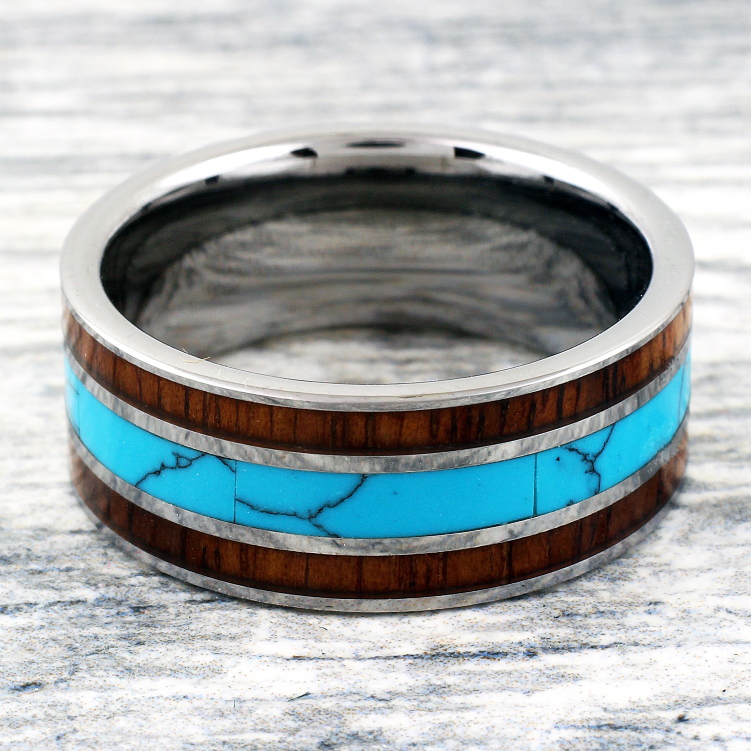 10mm Tungsten Men’s Turquoise and Double Hawaiian Koa Wood Wedding Band