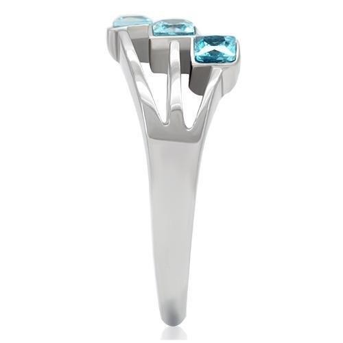 Women’s Ring, Blue Glass, Stainless Steel, Modern Design, Three Stone