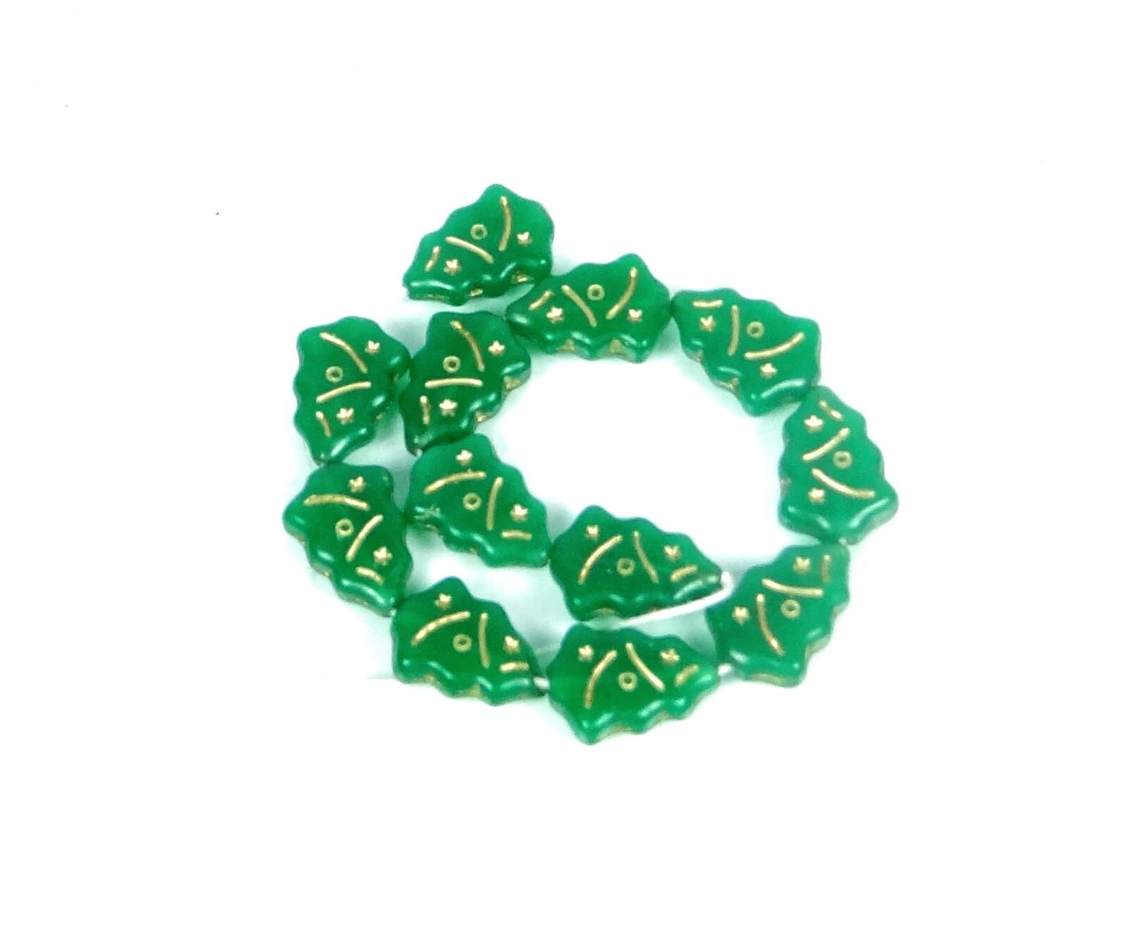 12 Czech Glass Christmas Trees Beads : Opaque Green – Gold Inlay 17x12mm