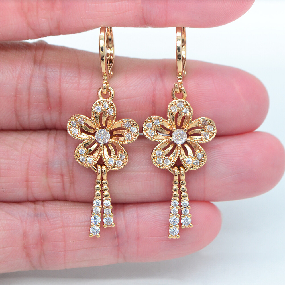 18K Yellow Gold Filled Women Clear Topaz Elegant Flower Tassel Earrings Jewelry