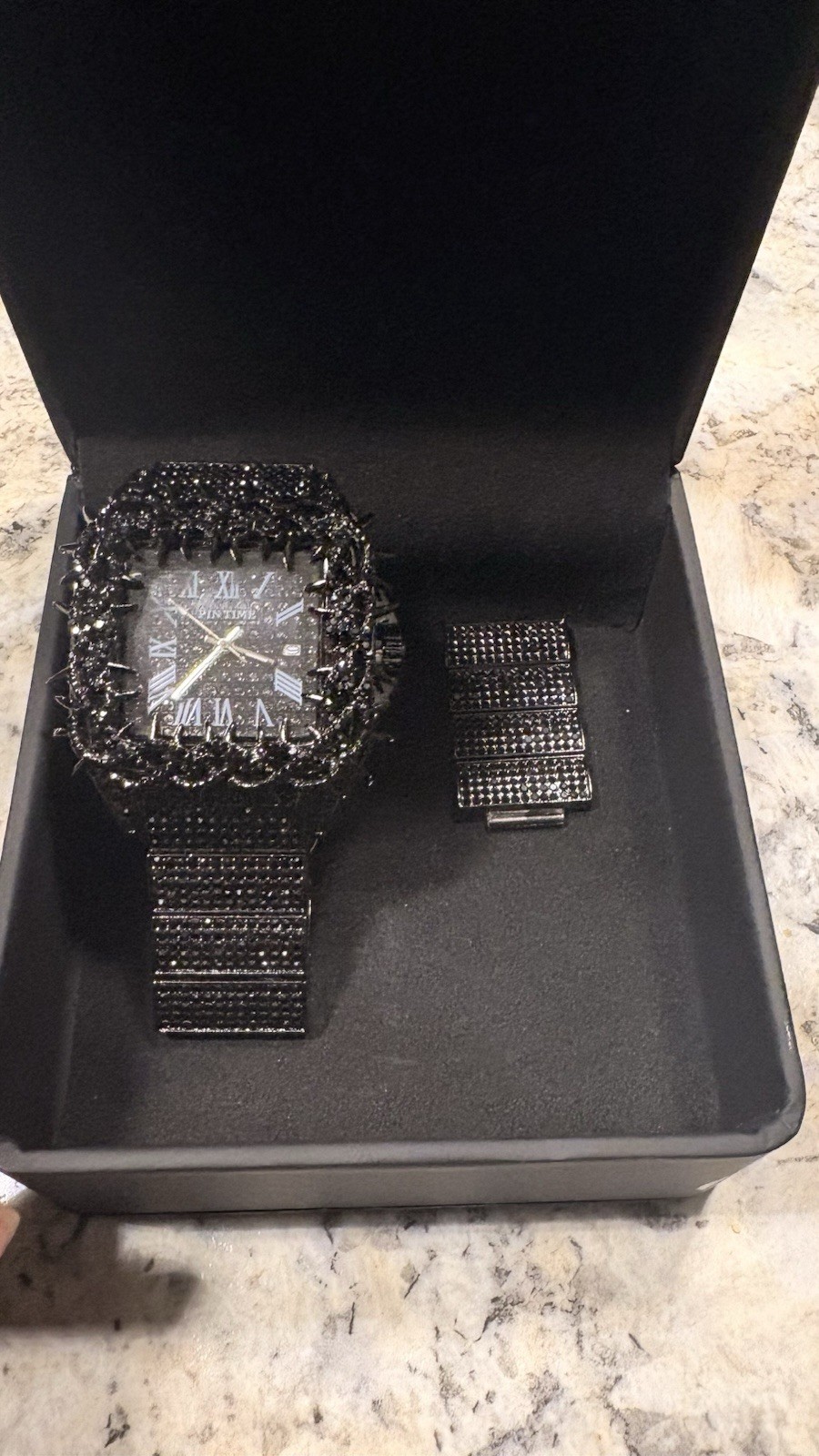 Black ICED OUT PIN TIME Moissanite Throne Roman Numeral watch w/Box
