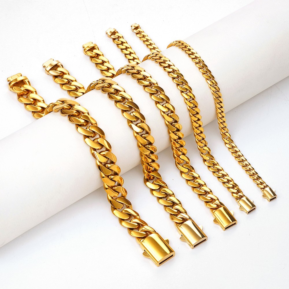 6-14mm Gold Stainless Steel Curb Cuban Link Chain Bracelet 7inch-11inch for Men