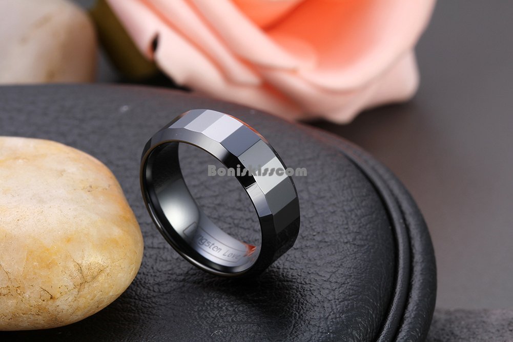 8 mm Comfort Fit Black Ceramic Faceted Ring Men’s Anniversary Wedding Band