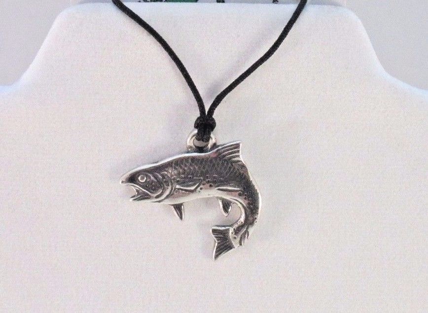 Trout Fish Pendant Lead free Safe Pewter 1.25″ Corded Made in USA Eco Smart