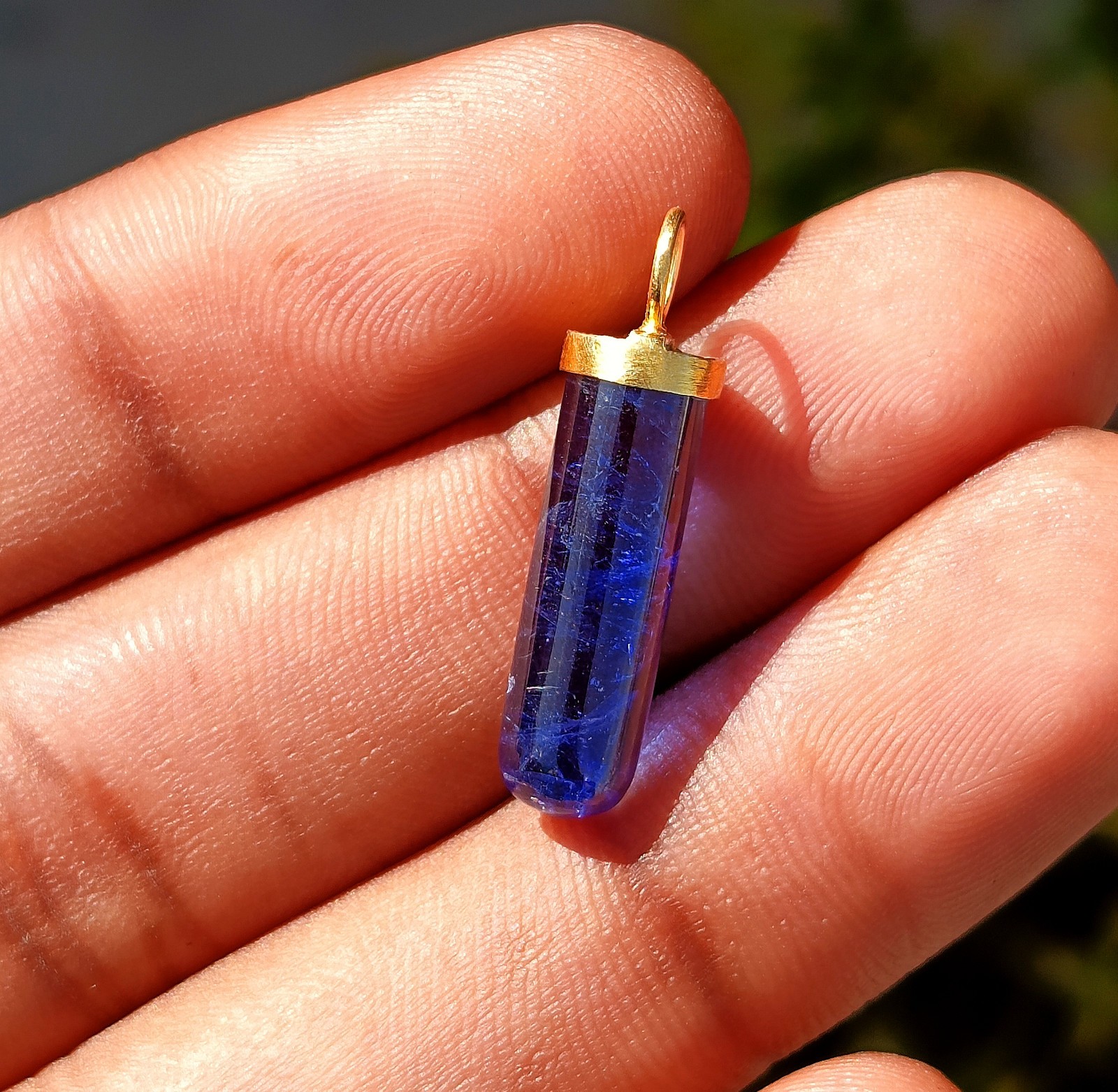 Natural Pencil Blue Sapphire Gold Charm, 18k Solid Gold Handmade Charm Pendant