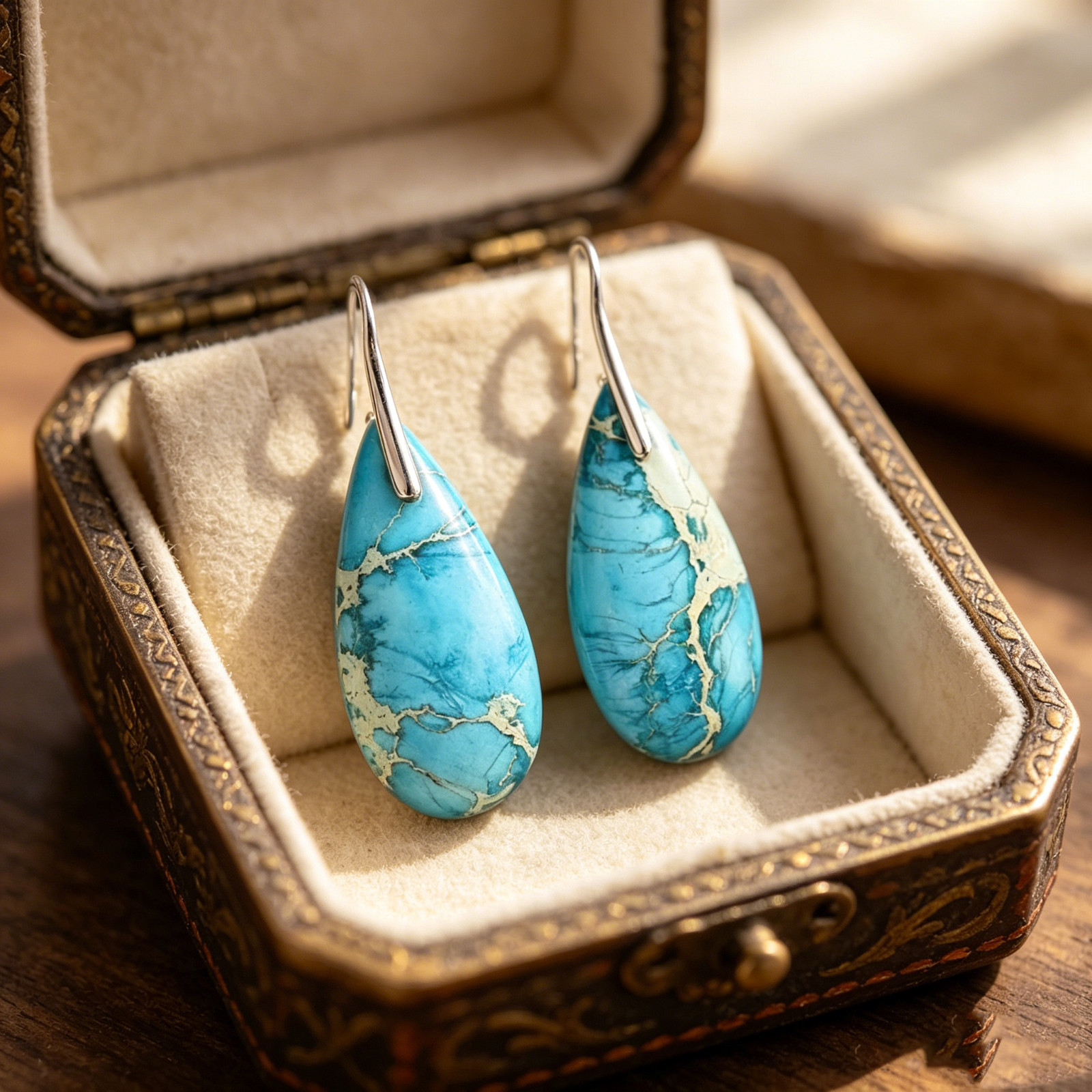 Natural Turquoise Teardrop Drop Earrings 925 Sterling Silver Hooks Boho Western