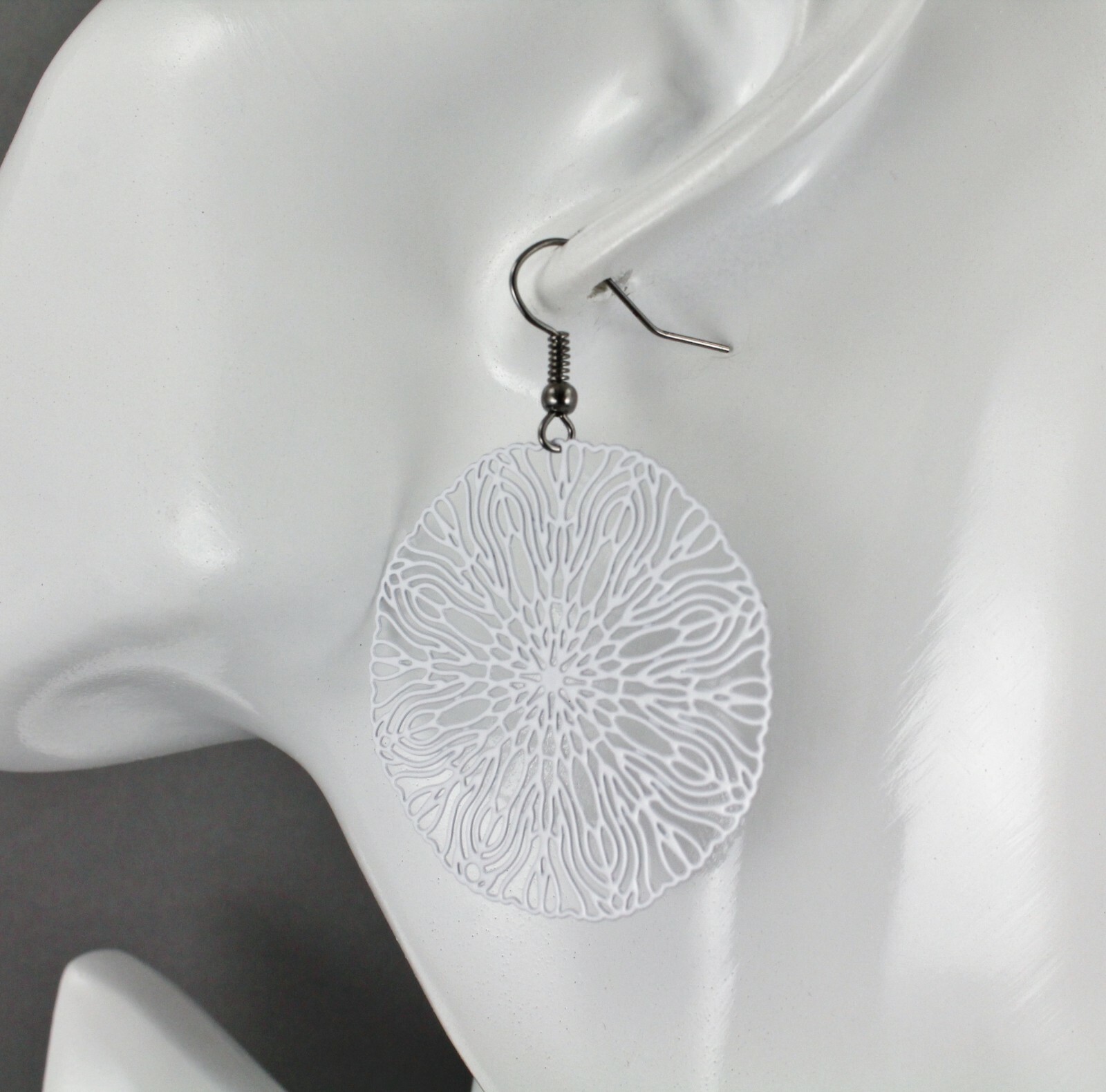 White round earrings cut out flower filigree scroll circle 2 1/8 long very Light