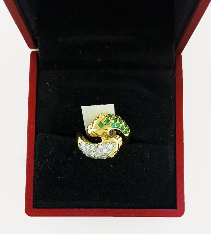 GENUINE 1.12 Cts EMERALDS & WHITE SAPPHIRE PANTER RING 18k GOLD – MADE IN USA