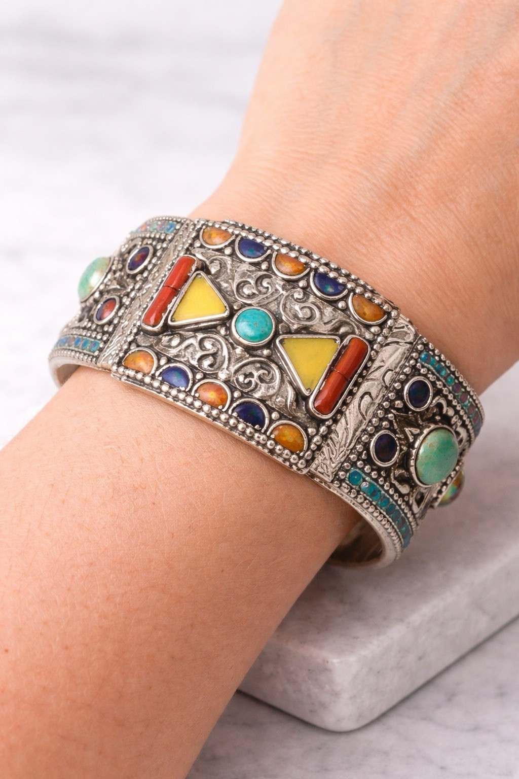 Moroccan Silver Tone Style Berber Mosaic Cuff Bracelet Coral Turquoise Enamel