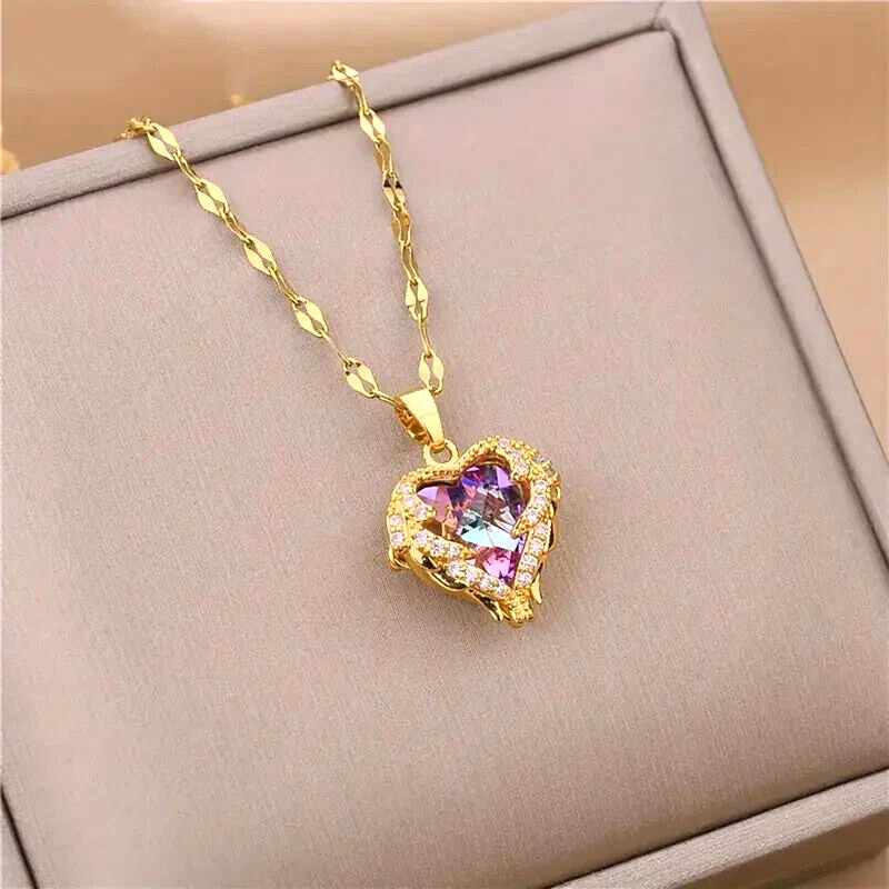Love 18K Gold Plated Heart Pendant Necklace Fashion Women Unique Stainless Steel