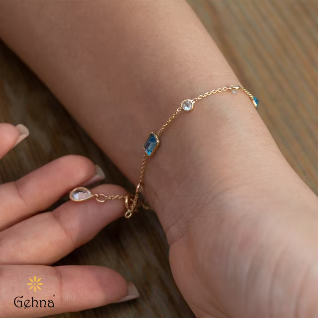 Natural Blue Topaz Aquamarine Quartz Bracelet 14K Yellow Gold
