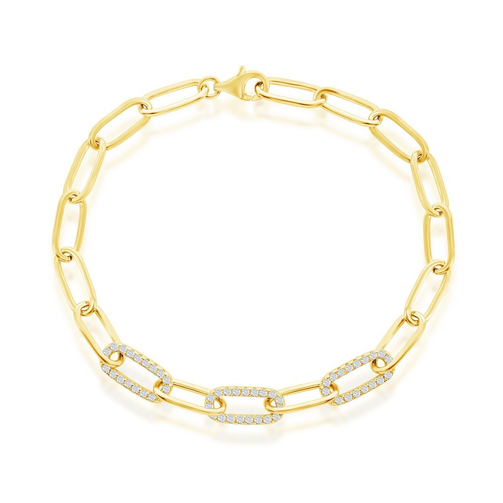 Sterling Silver Sparkling CZ Paperclip Bracelet Gold Plated Style T-8028-GP