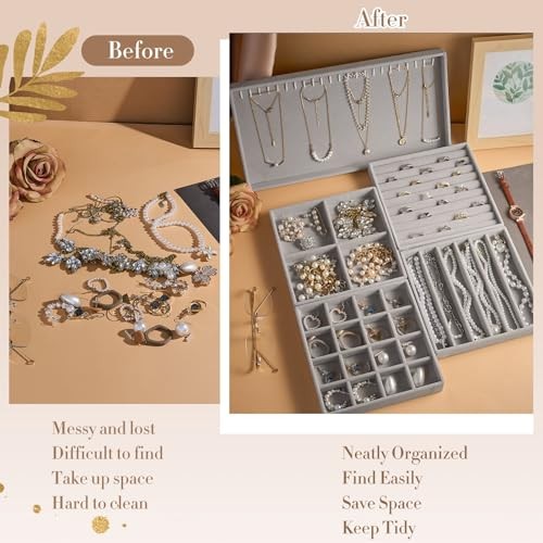 Cinnvoice Set of Stackable Jewelry Organizer Trays for Drawer 14 Inch 10 Gray