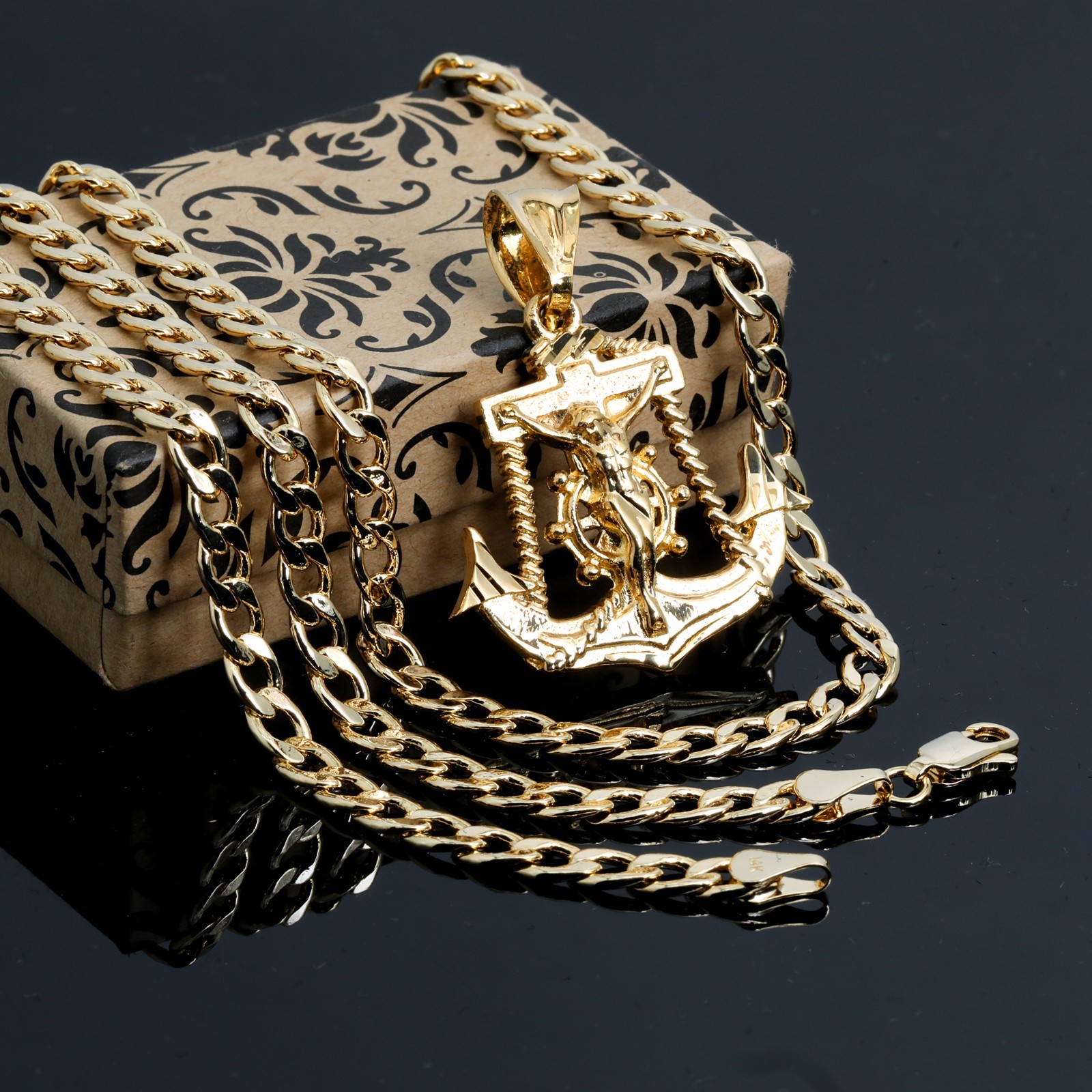 Jesus Anchor Charm Pendant 14k Gold Plated Brass 5mm 20″ Cuban Choker Chain 03