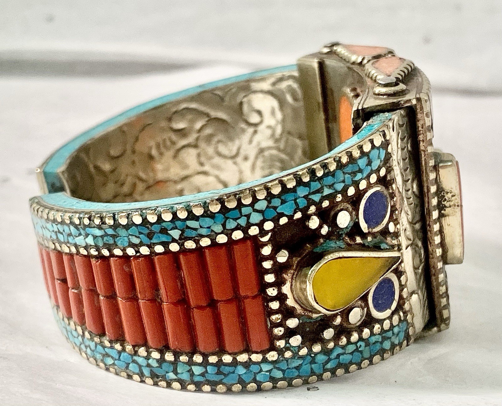 Moroccan Silver Tone Style Berber Mosaic Cuff Bracelet Coral Turquoise Enamel