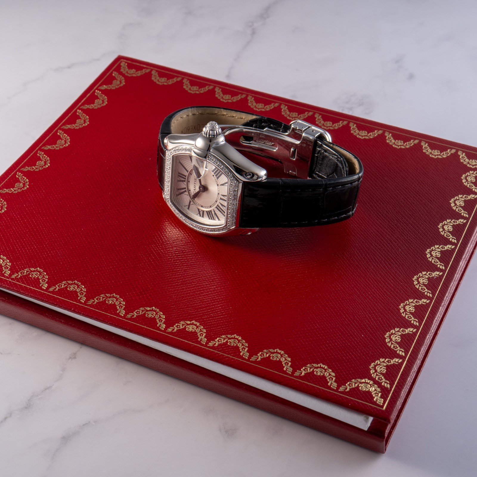 Cartier Roadster 18k White Gold Diamond Black Alligator Skin Watch