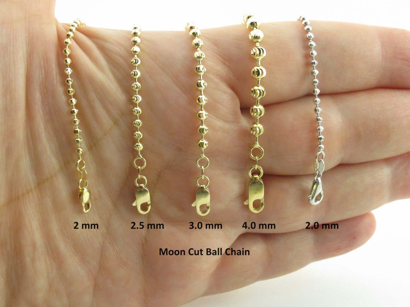 14k Gold Mooncut Ball Chain Necklace 16″, 18″, 20″, 22″, 24″- 2 To 4 MM