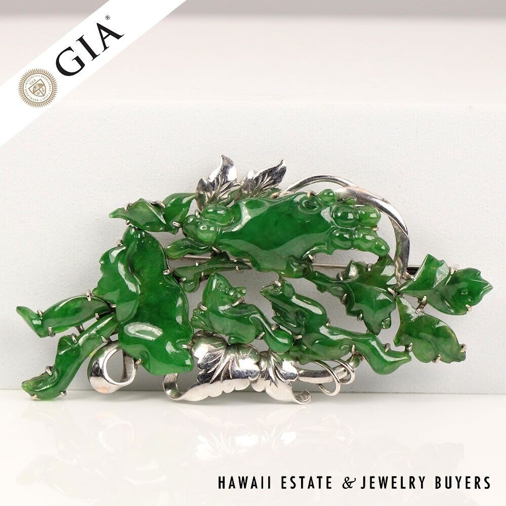 GIA Natural Green Jade Brooch 15.3g 14K White Gold 30x12mm