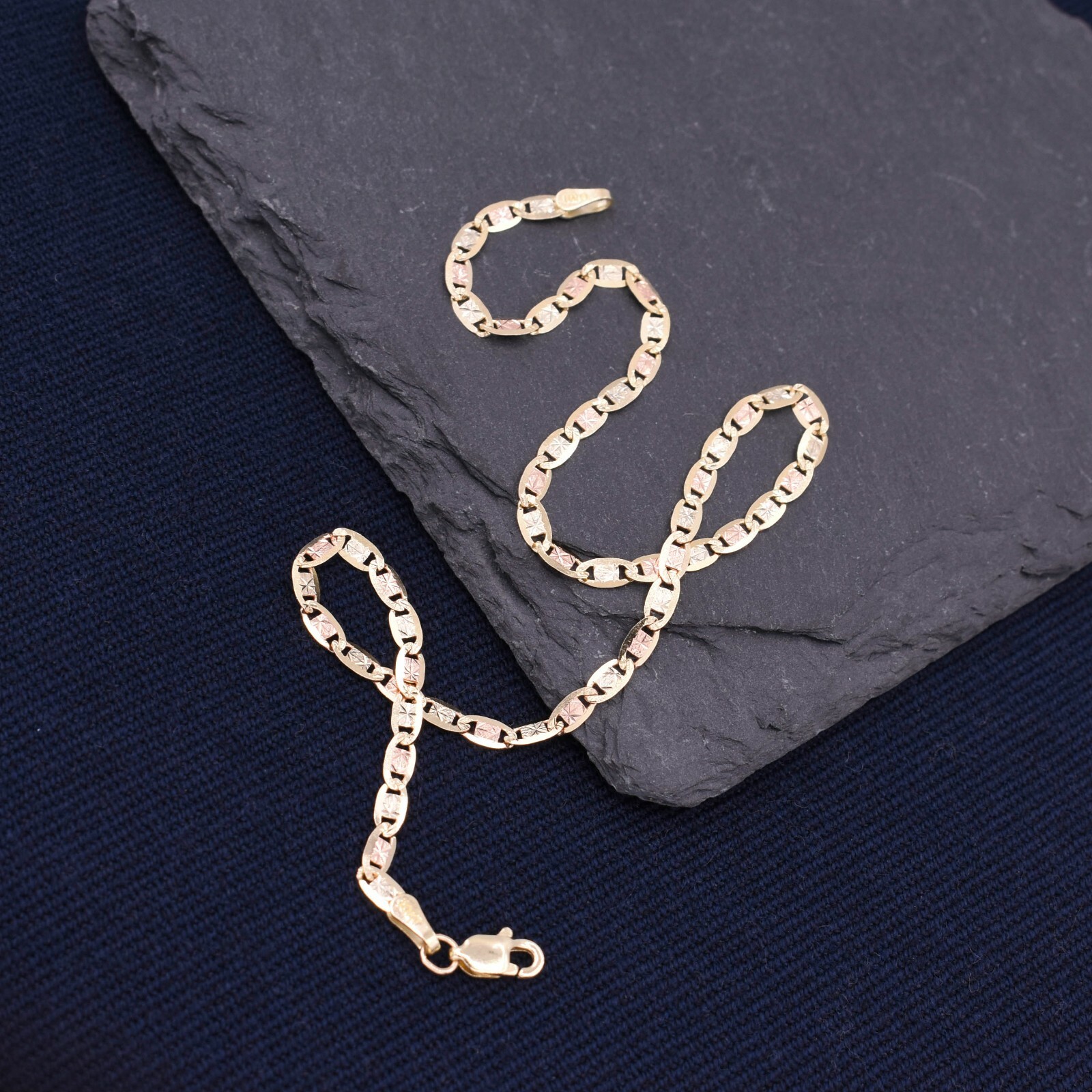 2.7mm Tri-Color Textured Valentino Mariner Anklet Real 10K Tri-Color Gold 10″