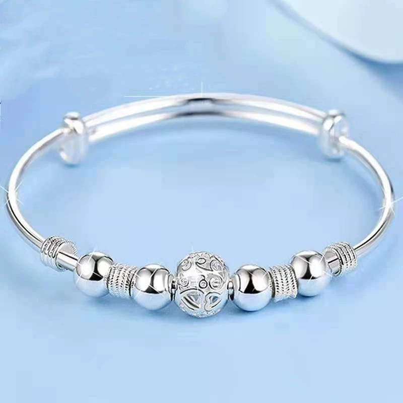 Fashion Silver Plated Alloy Openwork Lucky Bead Adjustable Bangle Cuff Bracelet
