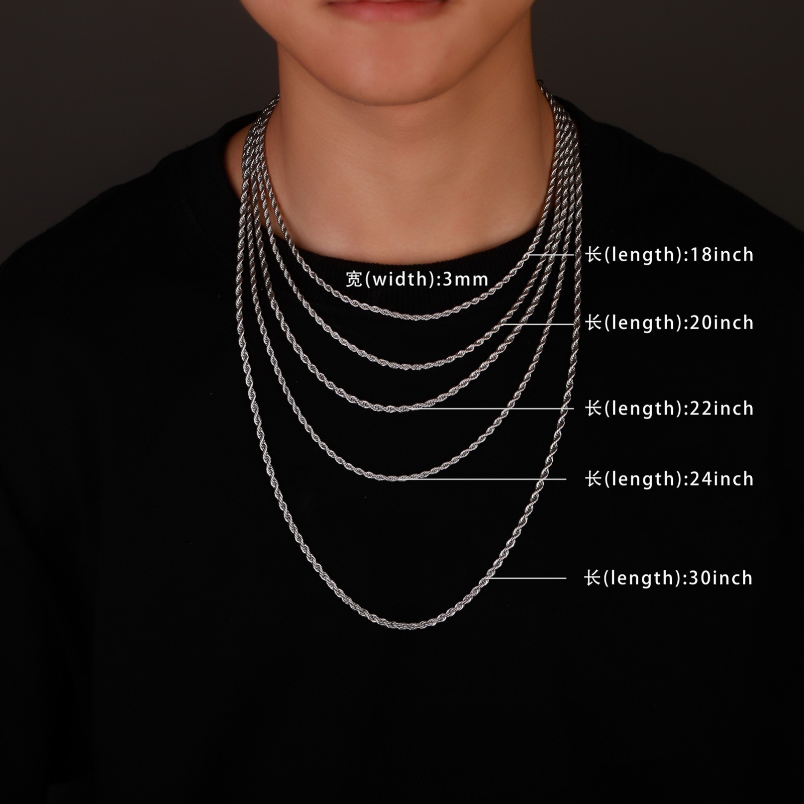 2-6MM Stainless Steel Rope Chain Necklace Waterproof Never Fade 16-30in