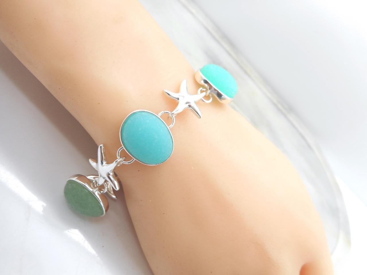 Bohemian Starfish Sea Glass Bracelet Beach Theme NEW Magnetic