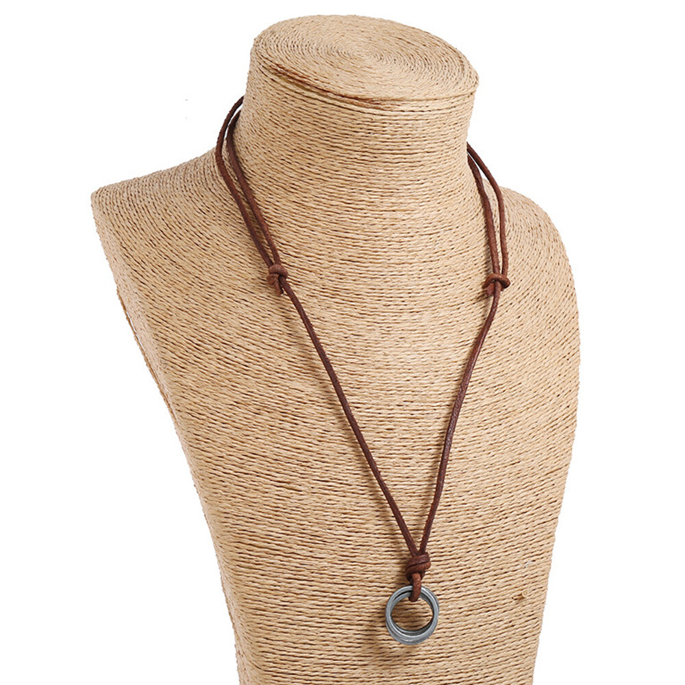Mens Retro Metal Rings Pendant Genuine Leather Surfer Choker Long Necklace Brown