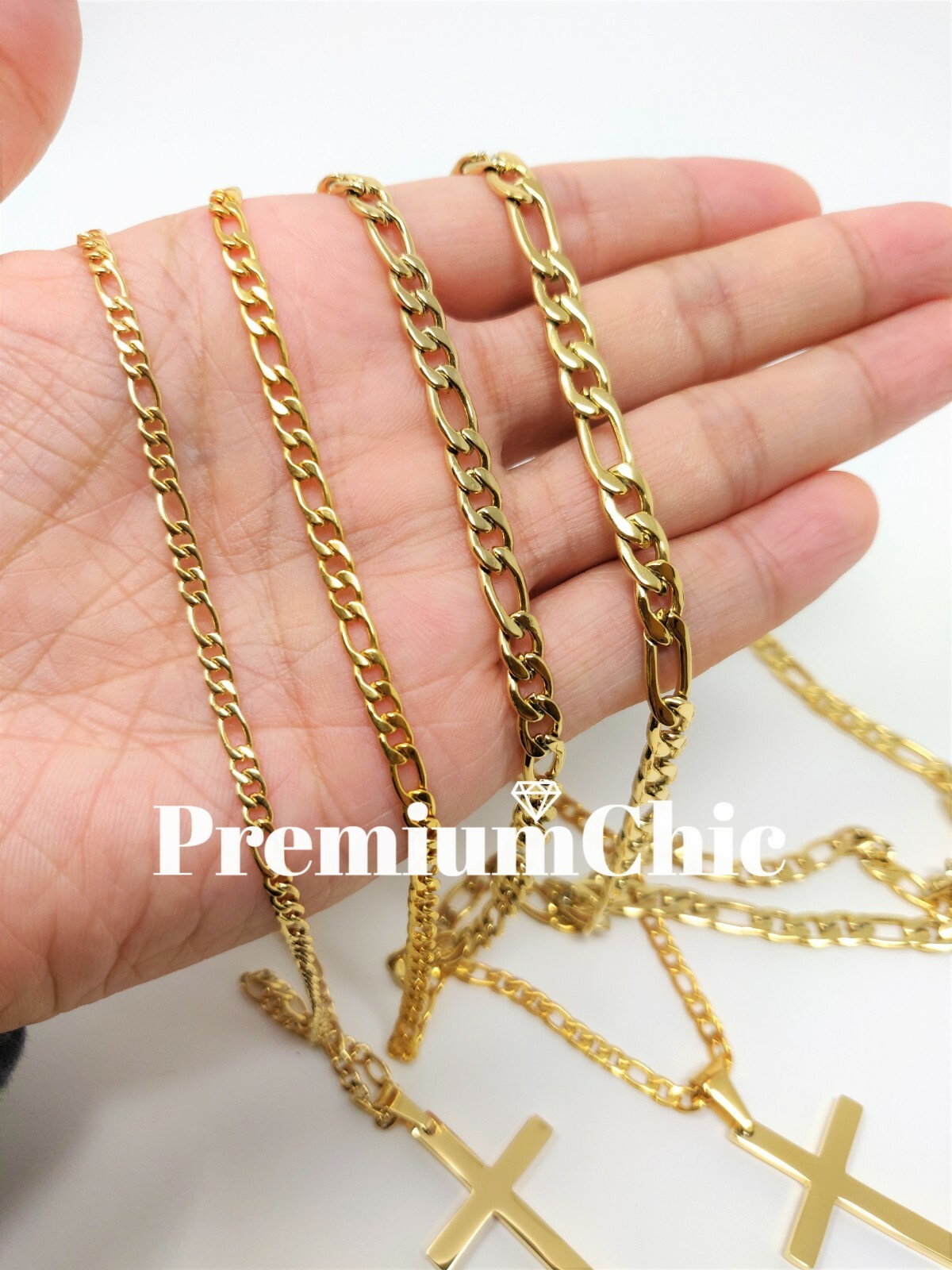 Unisex Stainless Steel Gold Plated Figaro Chain Necklace w Cross Pendant Jewelry