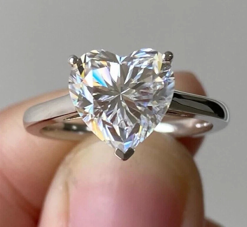 Solitaire 5.00 Ct Heart Cut Off White Lab Grown Diamond Ring 925 Sterling Silver