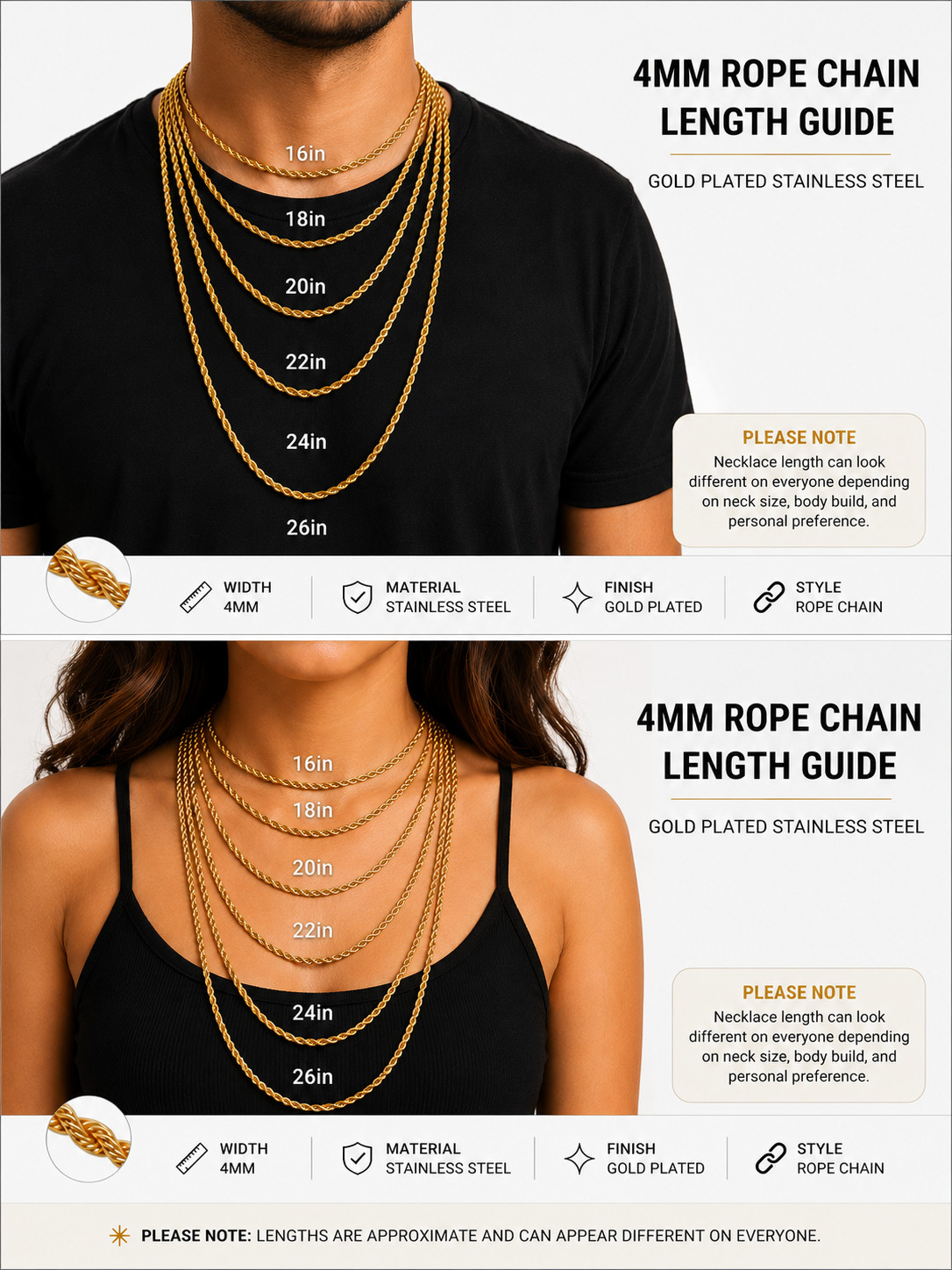 Stainless Steel Gold Plated Rope Chain Necklace 4mm Size 16″ to 26″ Unisex, Men