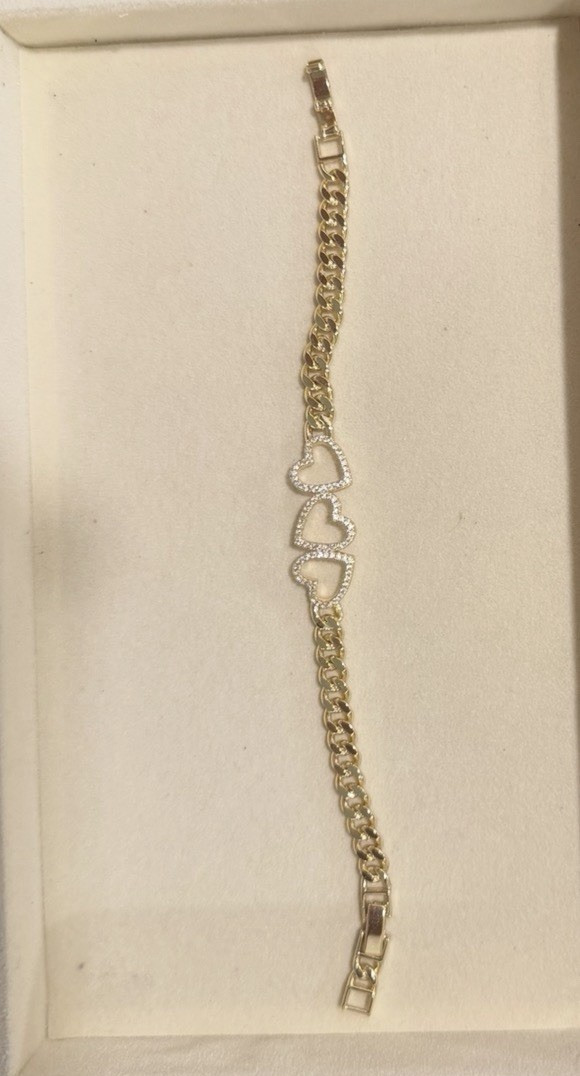 Rhodium Plated Silver Tone Curb Link Bracelet Double Heart Dangle Charms