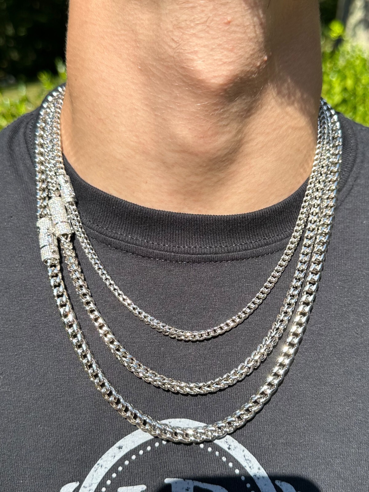 Iced MOISSANITE Clasp Stainless Steel & 925 Silver Franco Chain Necklace 4-6mm
