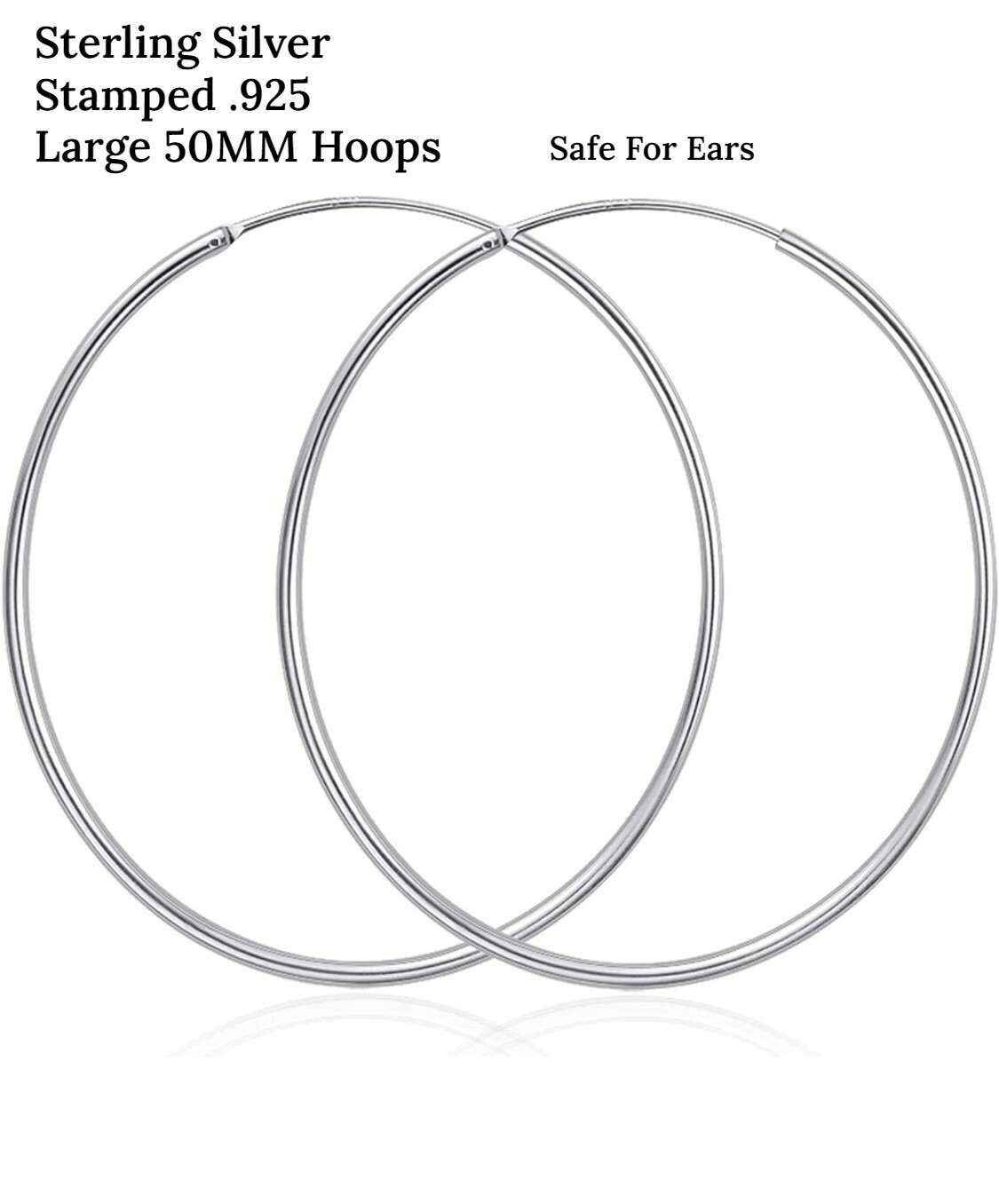 Large 50MM Sterling Silver 925 Endless Hoop Earrings Lead And Nickel Free