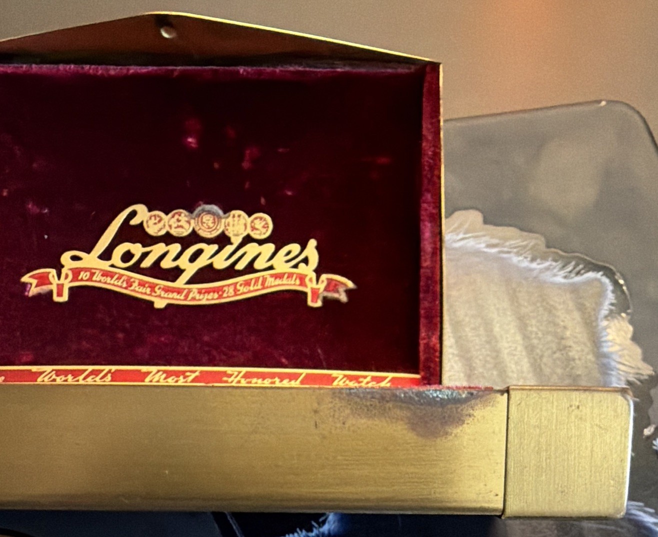 Vintage Longines Watch Box Red Velvet Metal Coffin Case Worlds Most Honored Empt