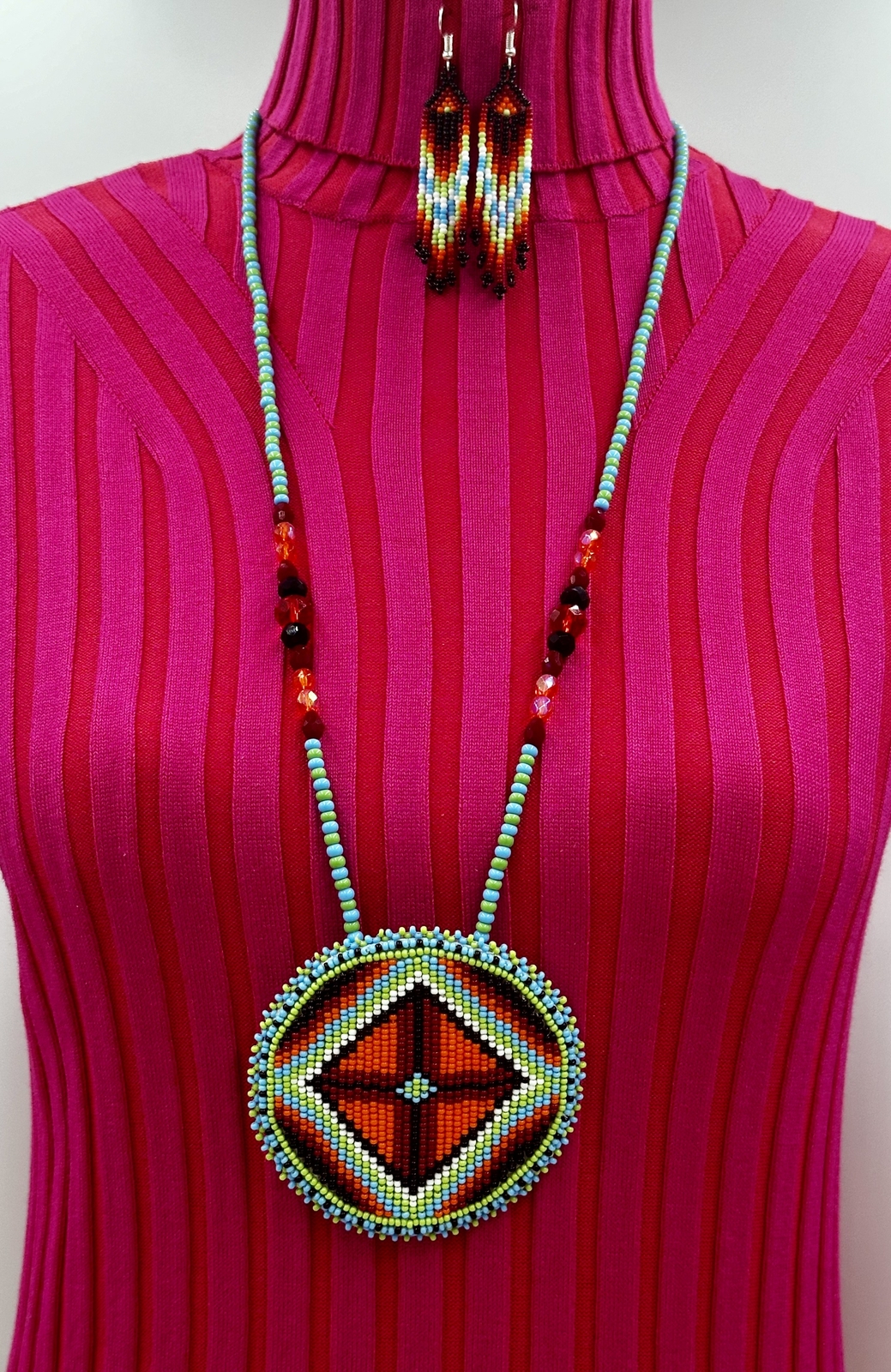 Handmade beaded Green Orange medallion necklace earrings set