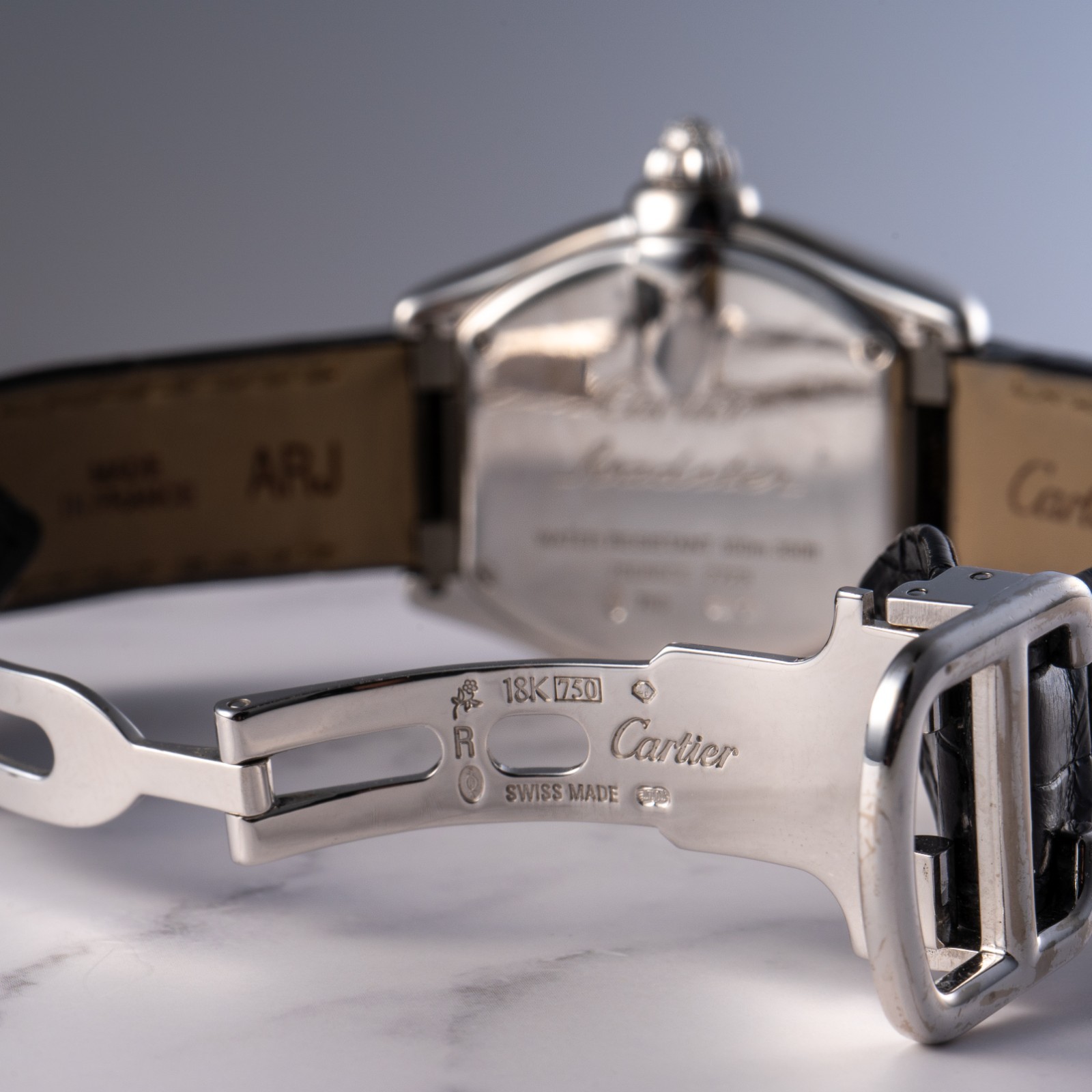 Cartier Roadster 18k White Gold Diamond Black Alligator Skin Watch