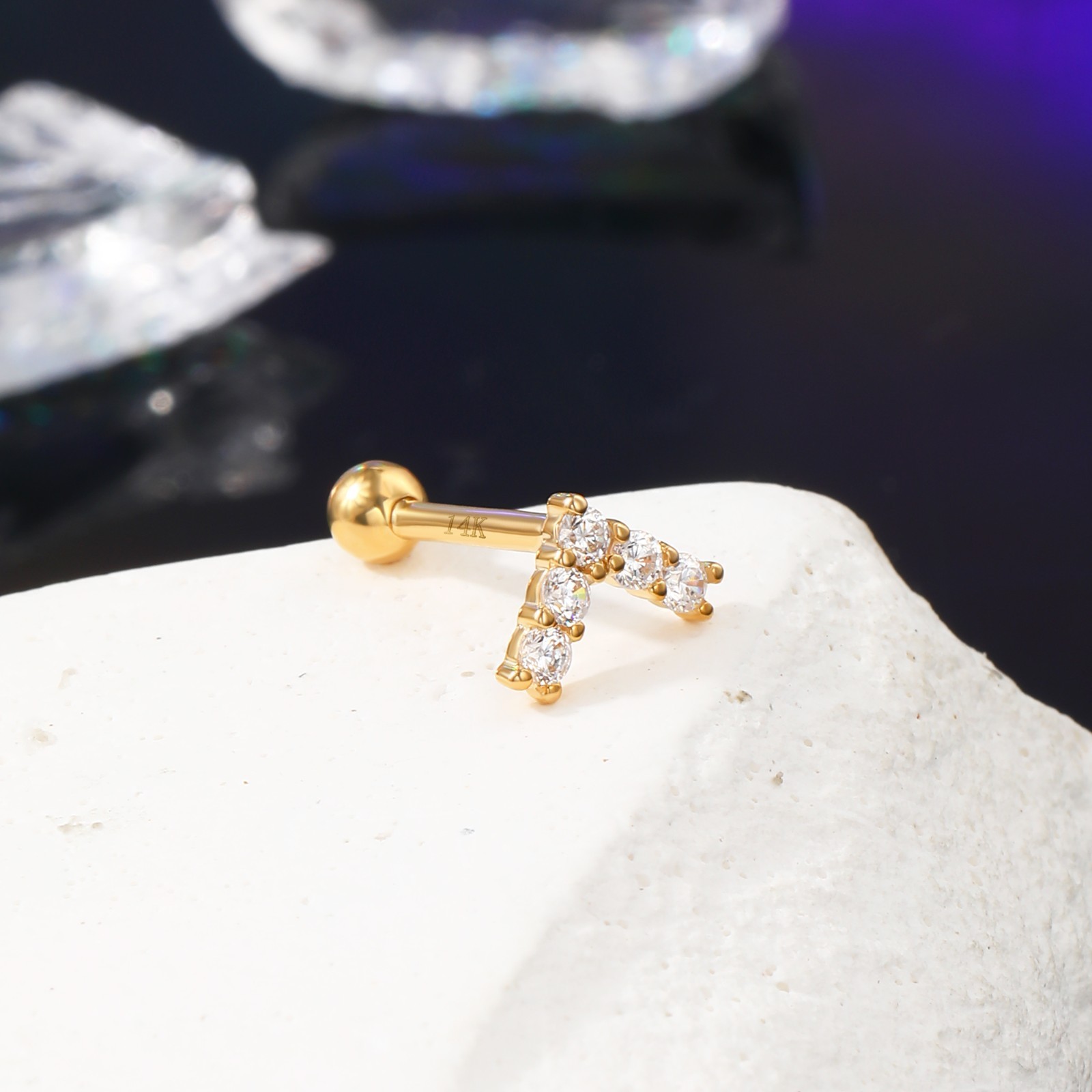 0.1CT Zircon 14K Real Solid Gold V-Shape Stud Earrings Cartilage Lobe Stud