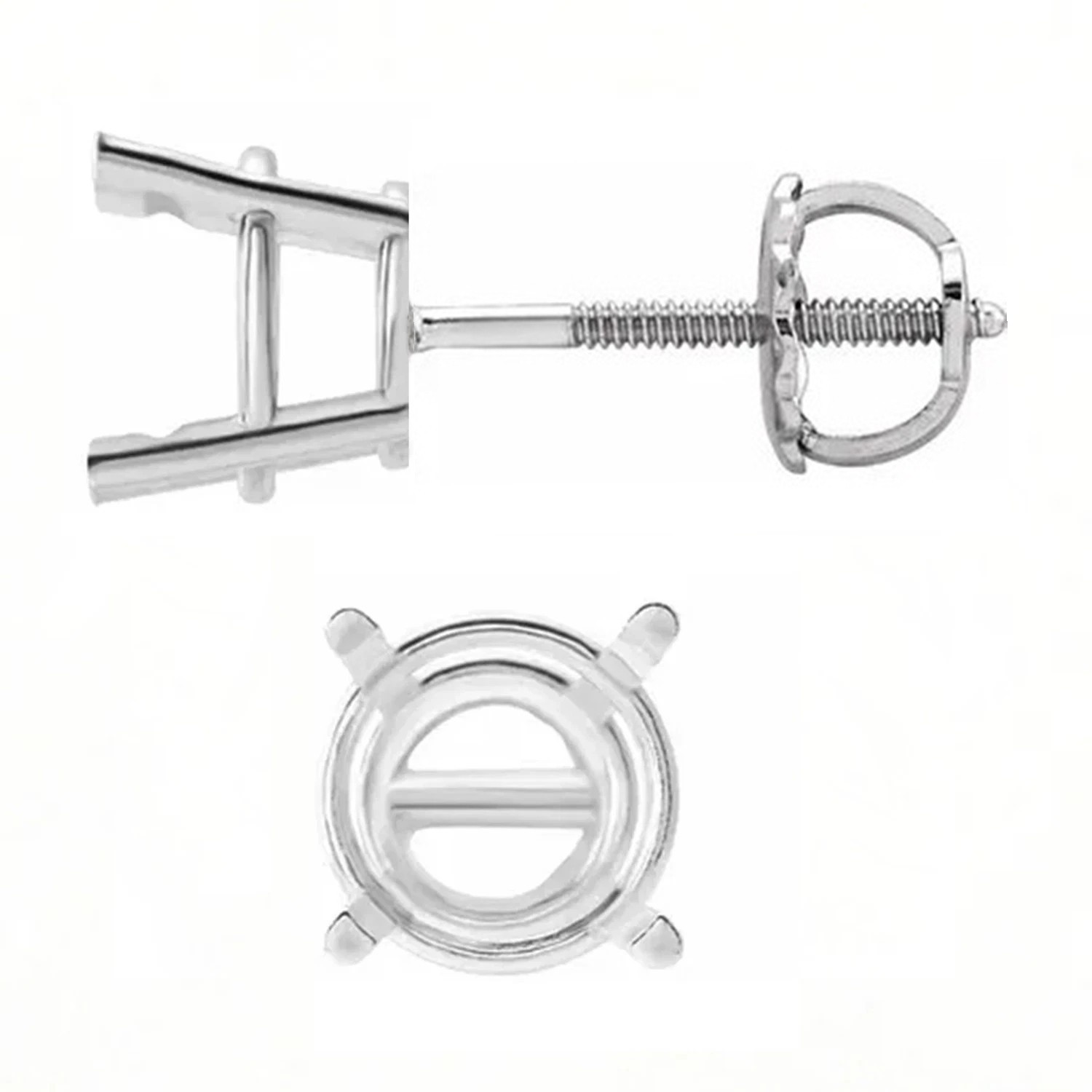 Earring Mountings 14K White Gold Round Cut Pre-Notched 4 Prong Screw Back-1 Pair